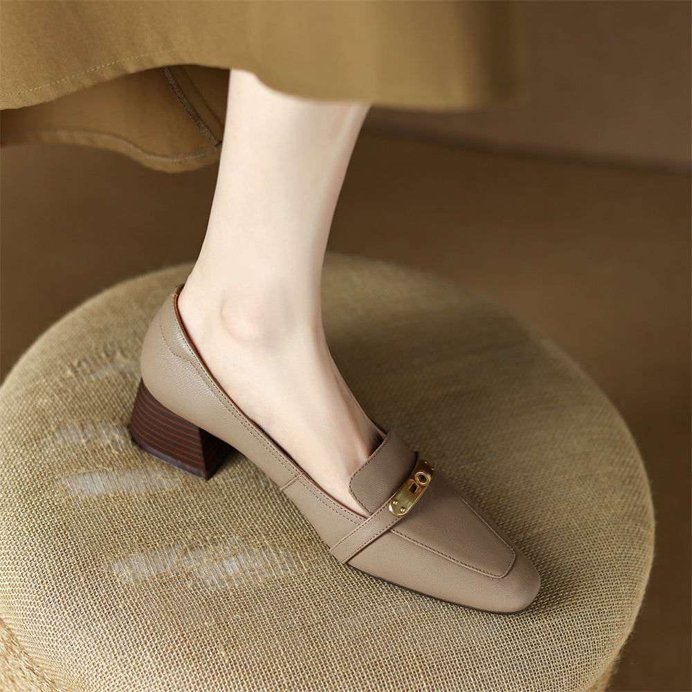 Square Toe Genuine Leather Low Block Heel Pumps
