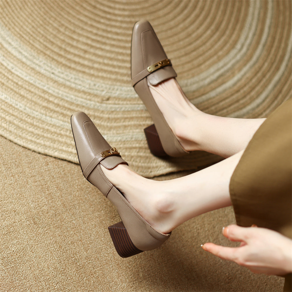 Square Toe Genuine Leather Low Block Heel Pumps