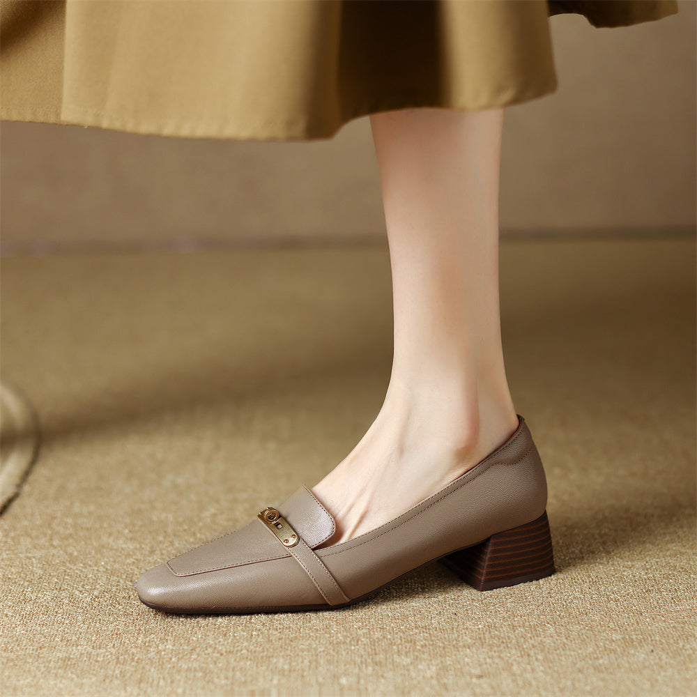 Square Toe Genuine Leather Low Block Heel Pumps