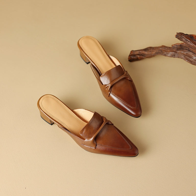 Pointed Toe Genuine Leather Block Heel Mules