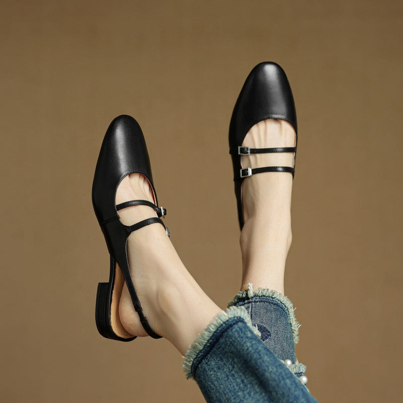 Genuine Leather Double Strap Slingback Ballet Flats
