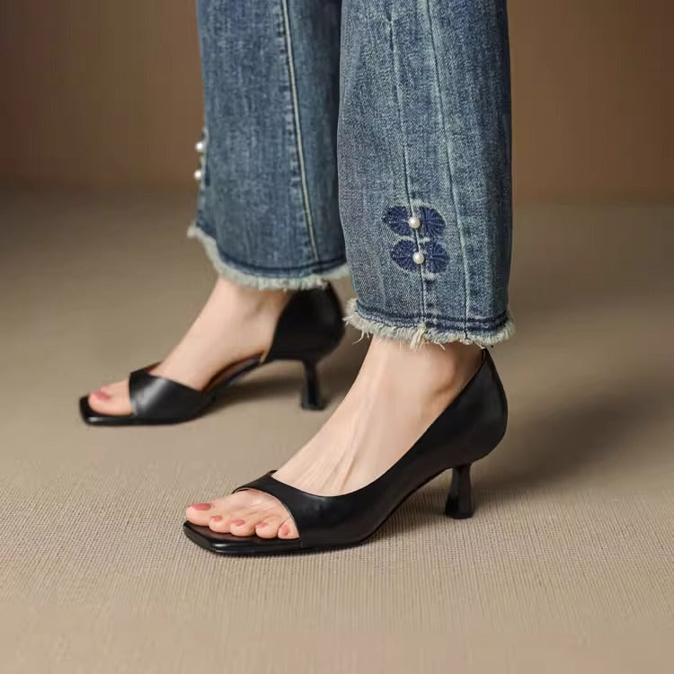 Square Toe Genuine Leather Sculpted Heeled Sandals