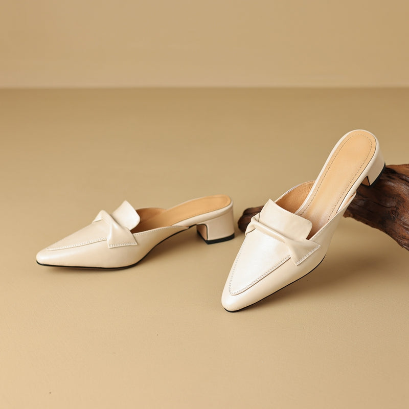 Pointed Toe Genuine Leather Block Heel Mules