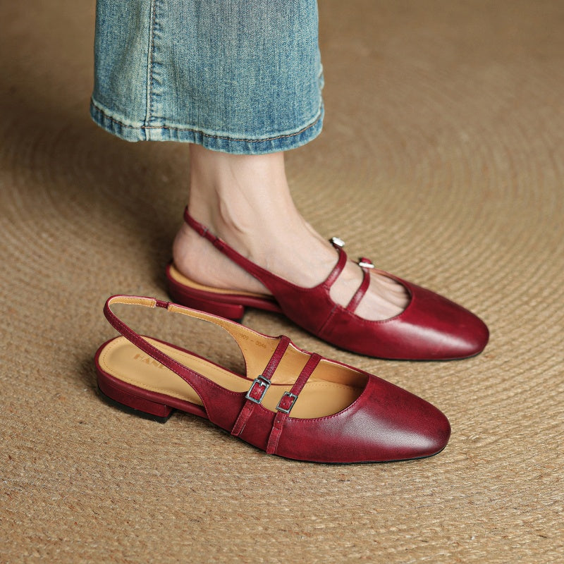 Genuine Leather Double Strap Slingback Ballet Flats