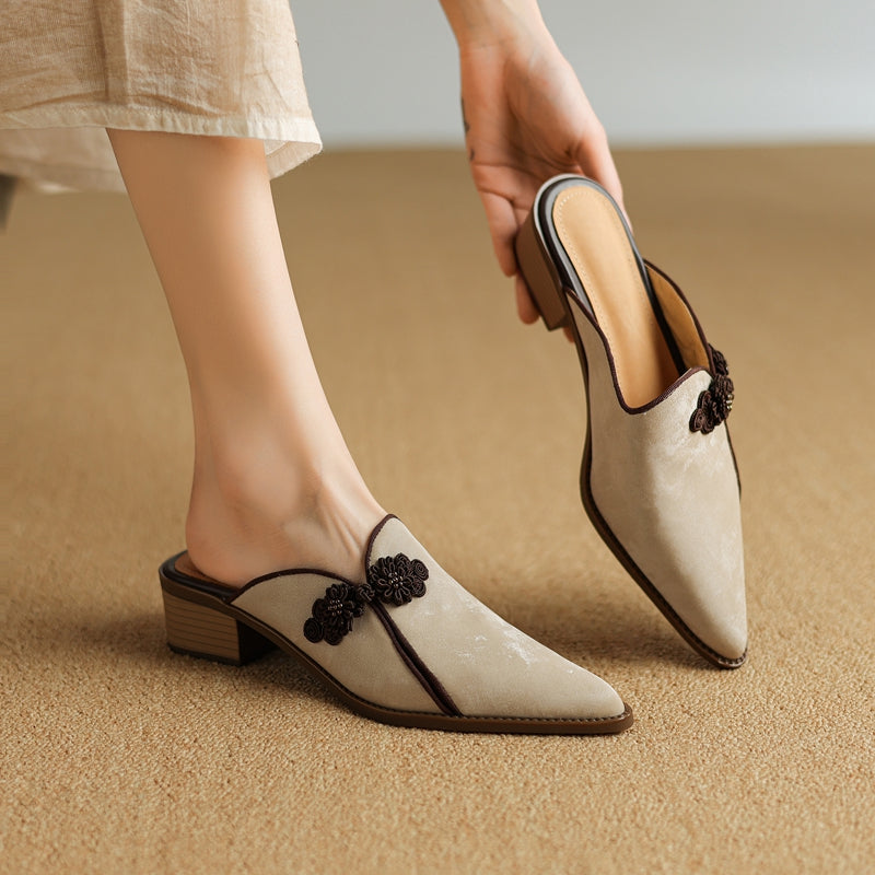 Floral Suede Block Heel Pumps with Pointed Toe
