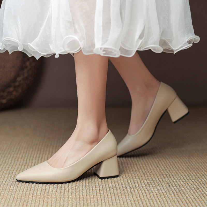Minimal Block Heel Closed-Toe Leather Pumps