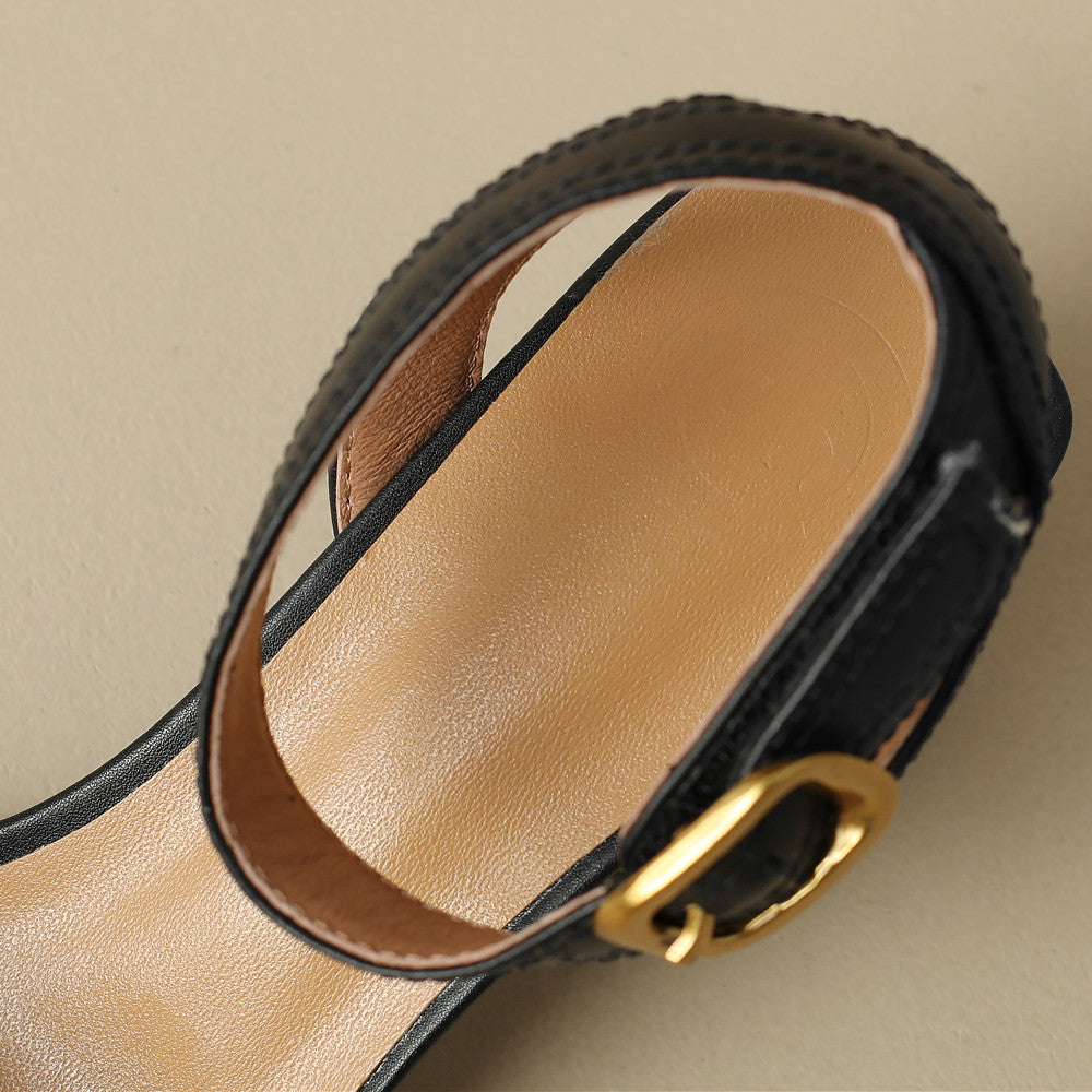 Square-Toe Leather Block Heel Sandals