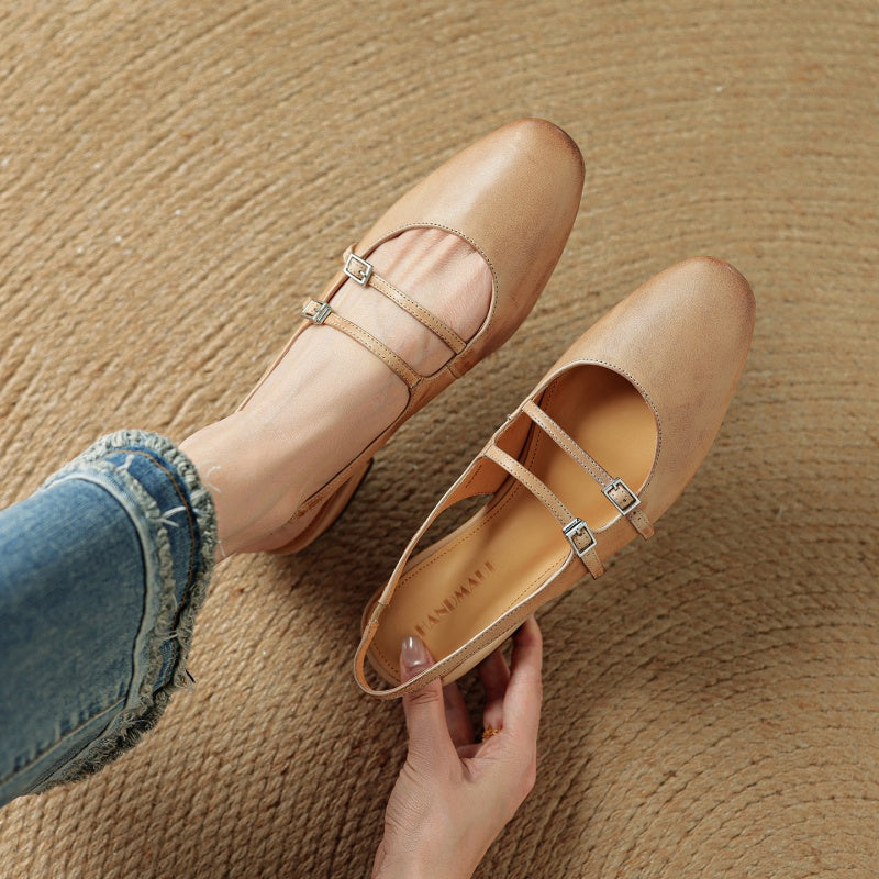 Genuine Leather Double Strap Slingback Ballet Flats