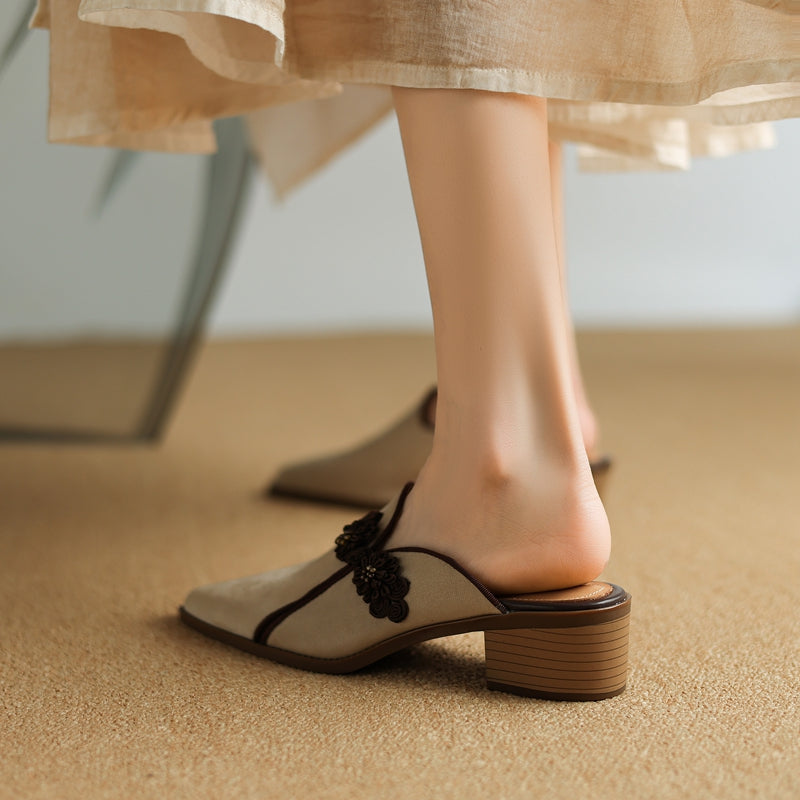 Floral Suede Block Heel Pumps with Pointed Toe
