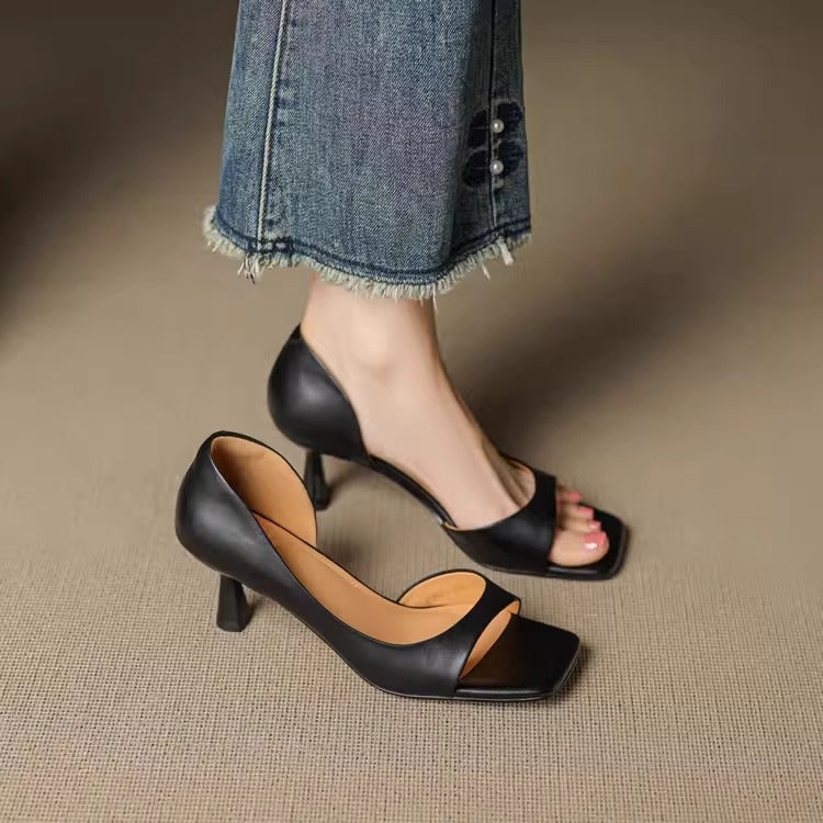 Square Toe Genuine Leather Sculpted Heeled Sandals