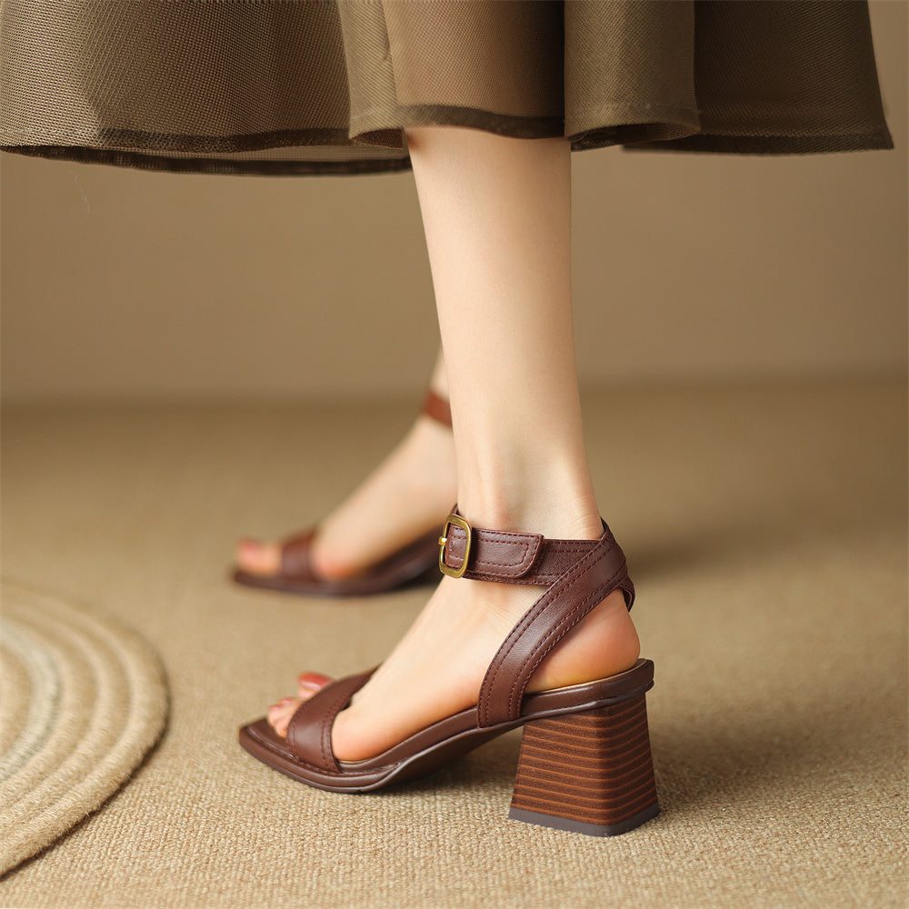 Square-Toe Leather Block Heel Sandals