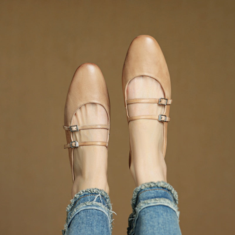 Genuine Leather Double Strap Slingback Ballet Flats