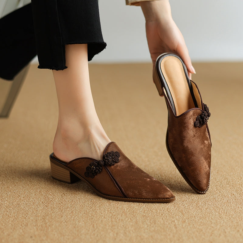 Floral Suede Block Heel Pumps with Pointed Toe