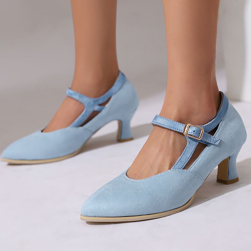 Suede Ankle Strap Closed-Toe Block Heel Pumps