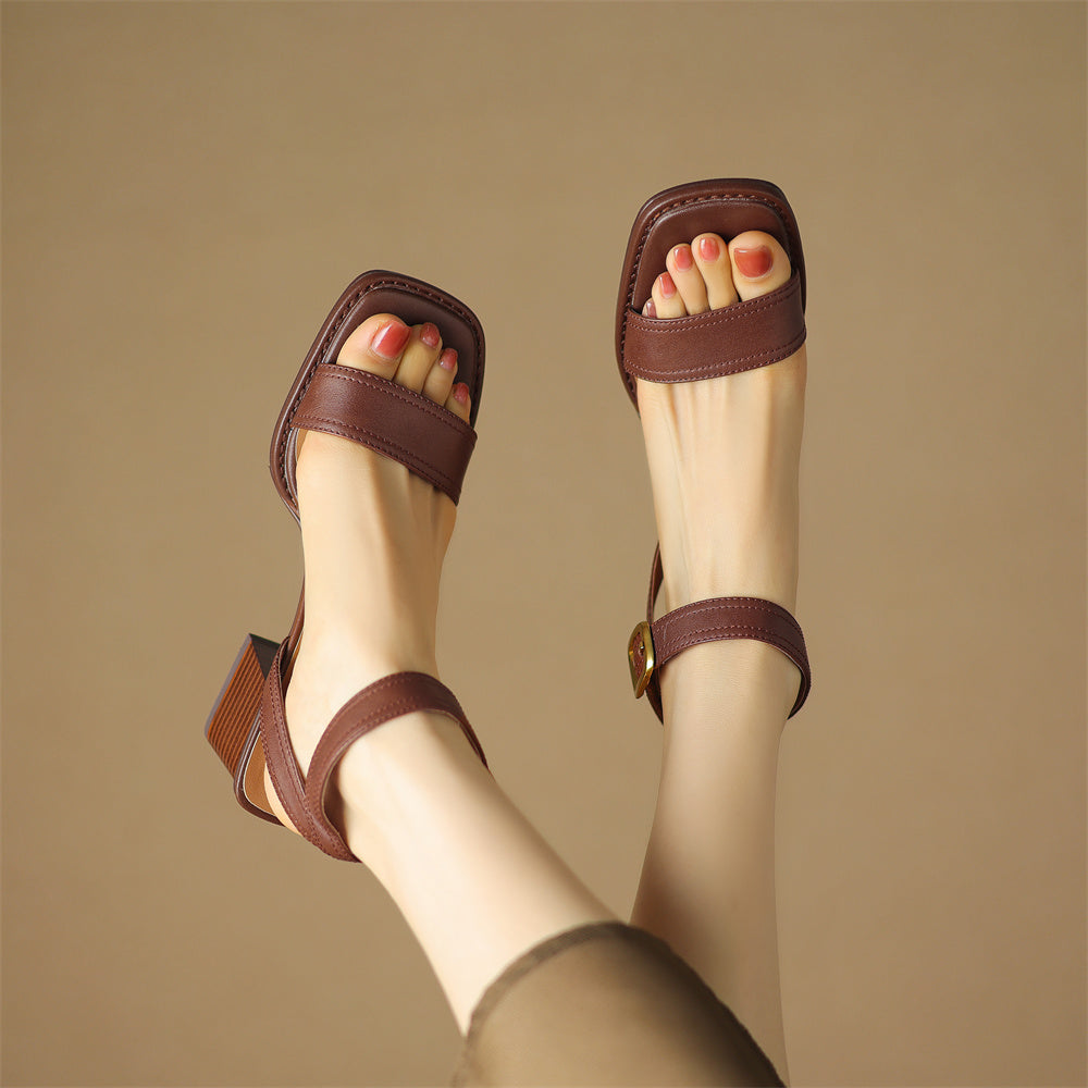 Square-Toe Leather Block Heel Sandals