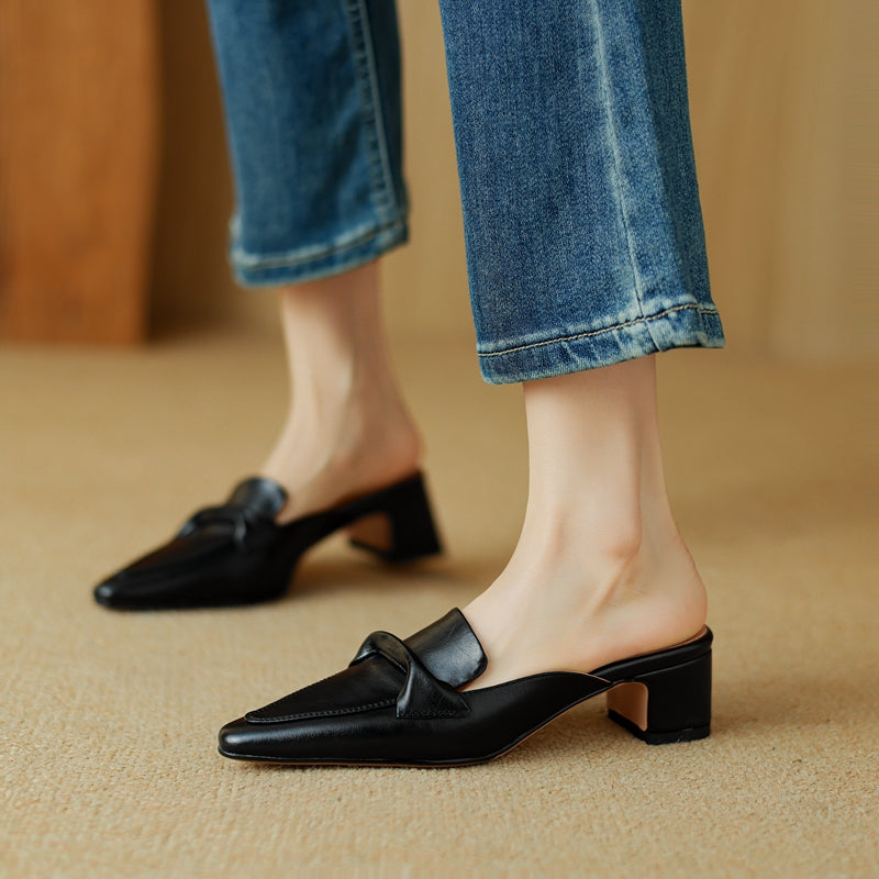 Pointed Toe Genuine Leather Block Heel Mules