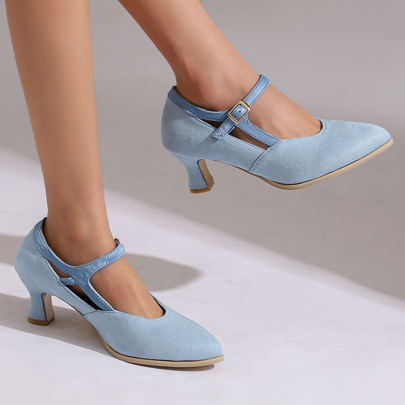 Suede Ankle Strap Closed-Toe Block Heel Pumps