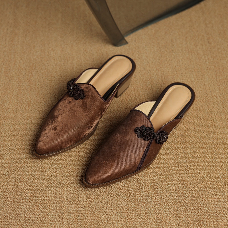 Floral Suede Block Heel Pumps with Pointed Toe