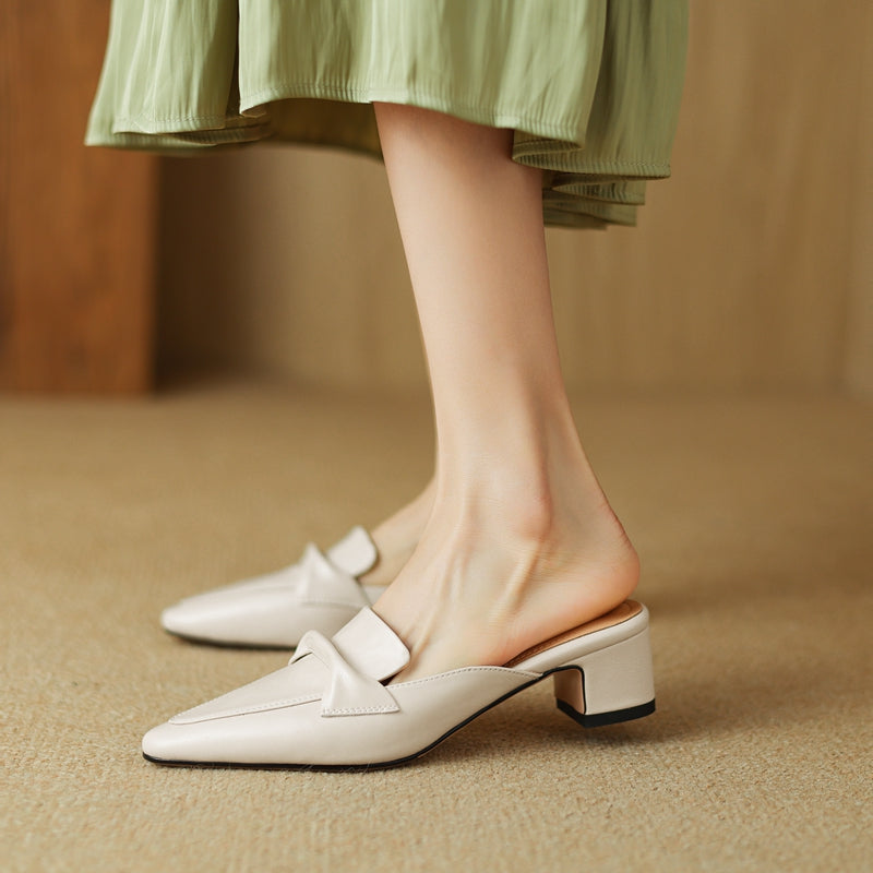 Pointed Toe Genuine Leather Block Heel Mules