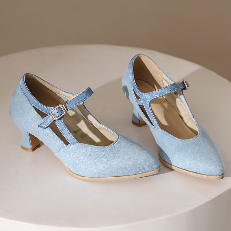 Suede Ankle Strap Closed-Toe Block Heel Pumps