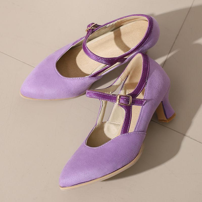 Suede Ankle Strap Closed-Toe Block Heel Pumps