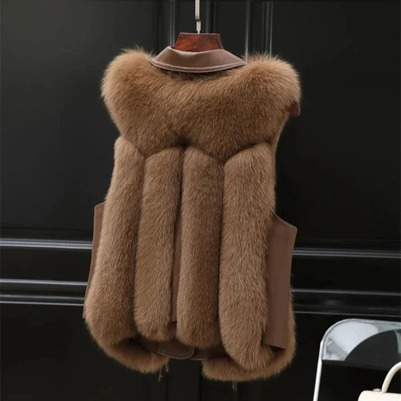 Oversized Faux Fur Trim Leather Detail Vest