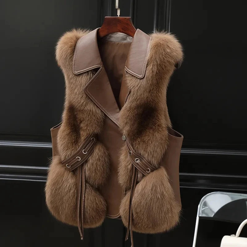 Oversized Faux Fur Trim Leather Detail Vest