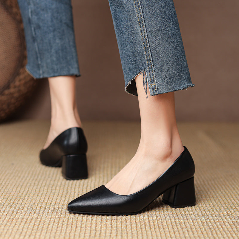 Minimal Block Heel Closed-Toe Leather Pumps