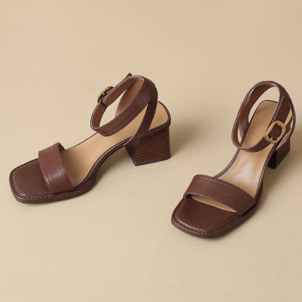 Square-Toe Leather Block Heel Sandals