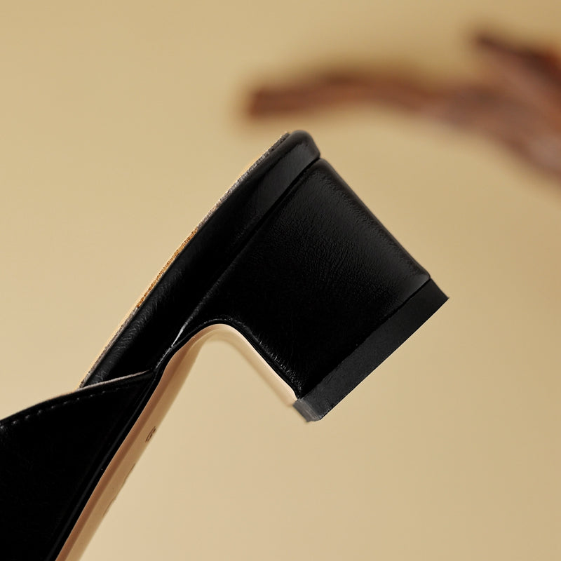 Pointed Toe Genuine Leather Block Heel Mules