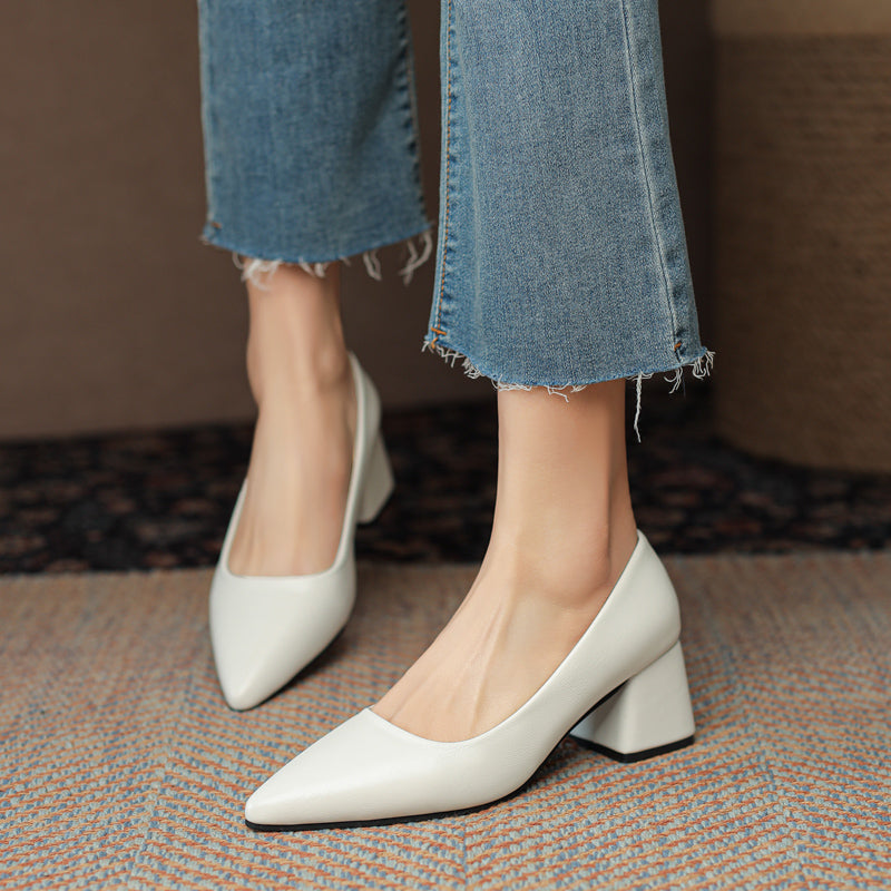 Minimal Block Heel Closed-Toe Leather Pumps