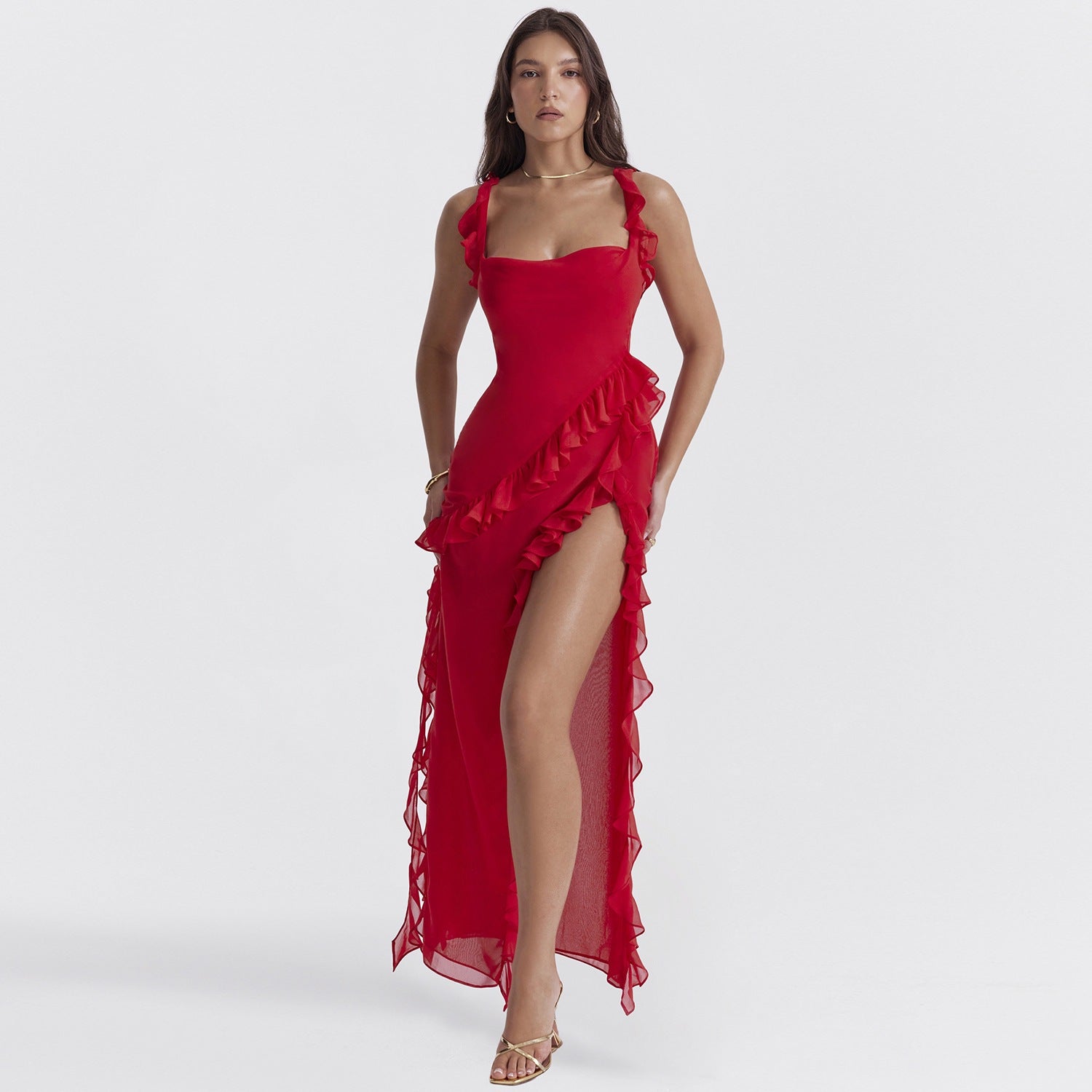 Ruffled Strap Square Neck High Slit Georgette Maxi Dress