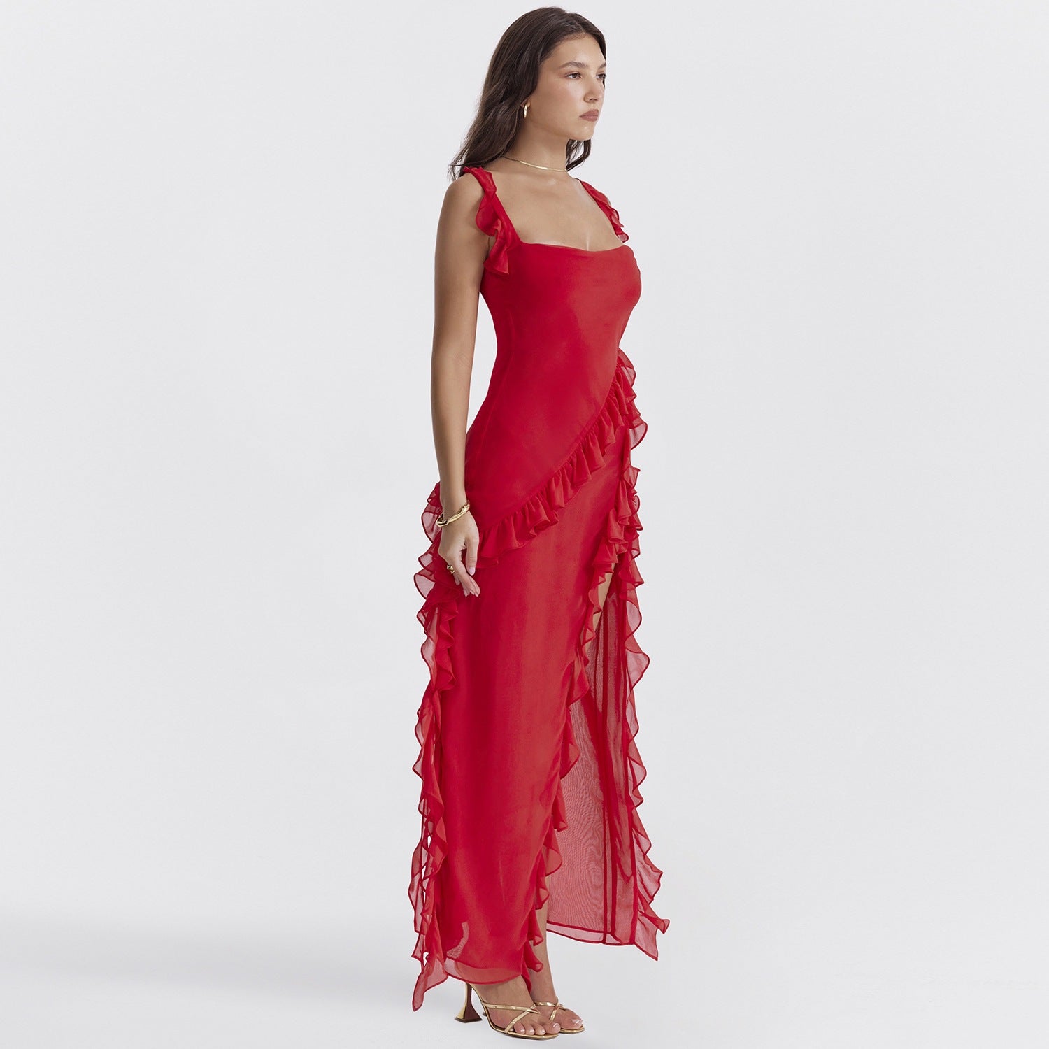 Ruffled Strap Square Neck High Slit Georgette Maxi Dress