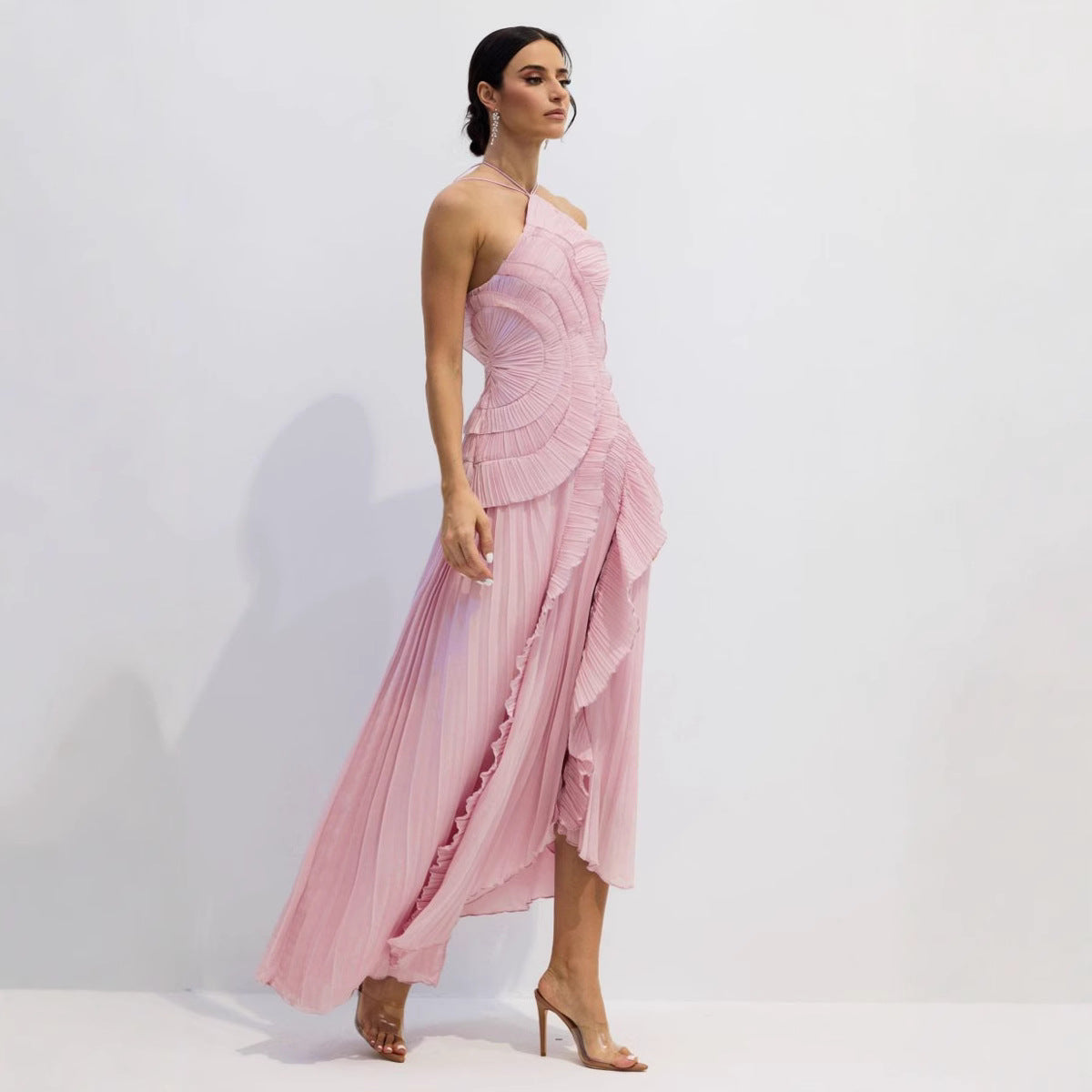 Pleated Halter Ruffle Maxi Dress