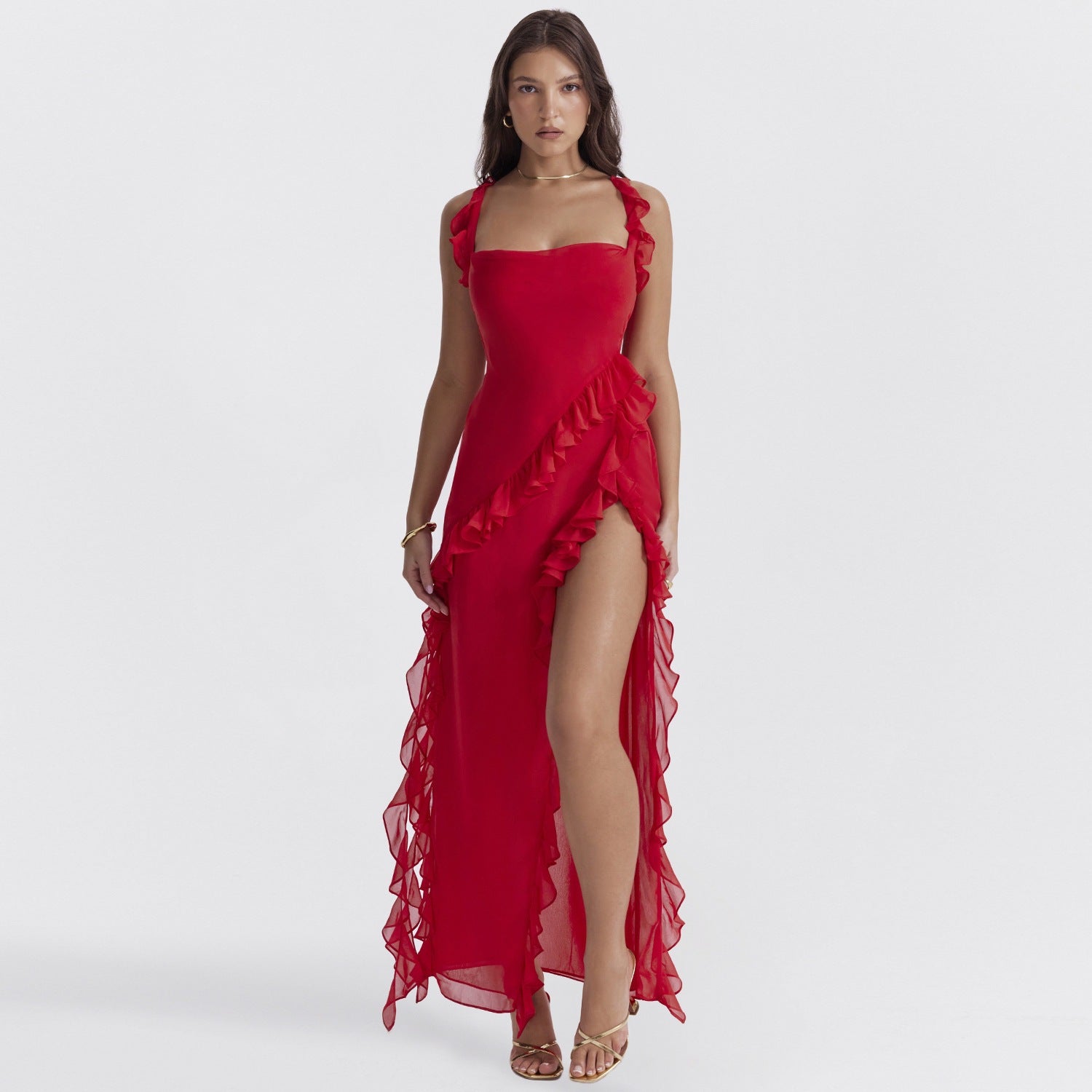 Ruffled Strap Square Neck High Slit Georgette Maxi Dress