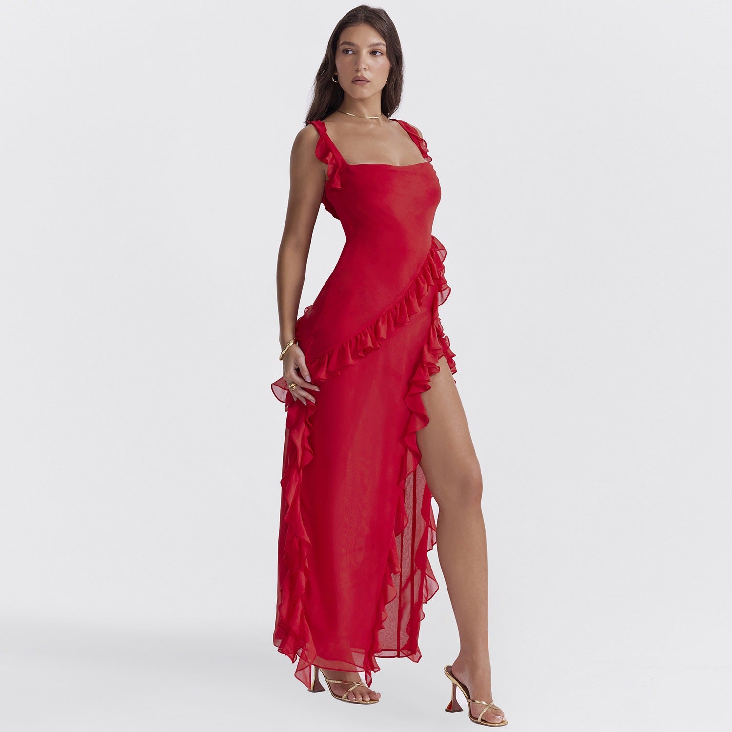 Ruffled Strap Square Neck High Slit Georgette Maxi Dress