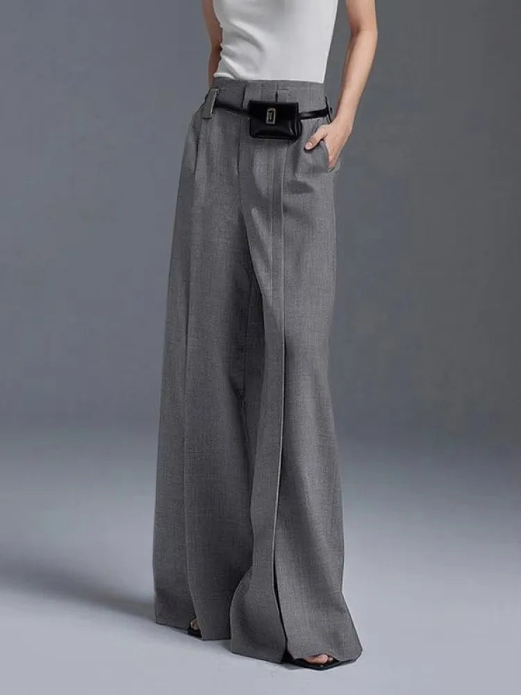 Pleated High-Waist Split Front Wide-Leg Trousers