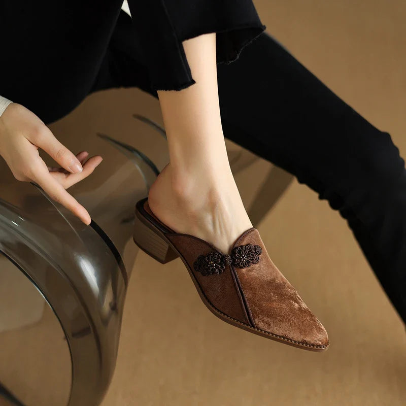 Floral Suede Block Heel Pumps with Pointed Toe