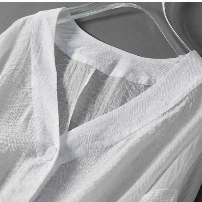 Draped Chiffon Blouson Sleeve Button Blouse