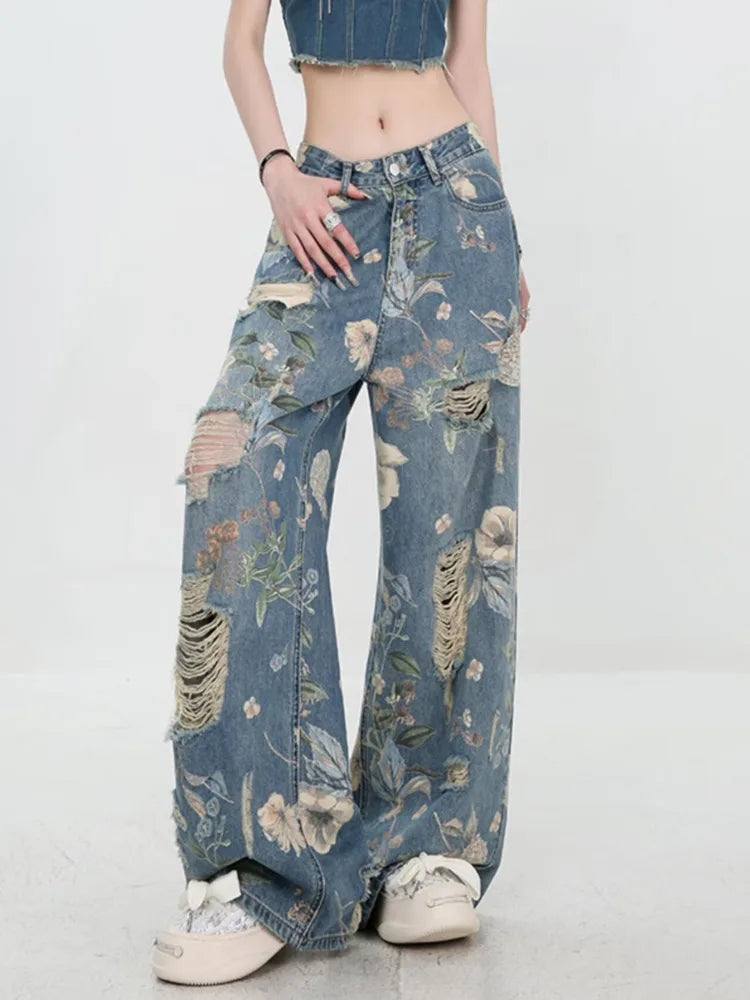 Floral Distressed Wide-Leg Denim Jeans