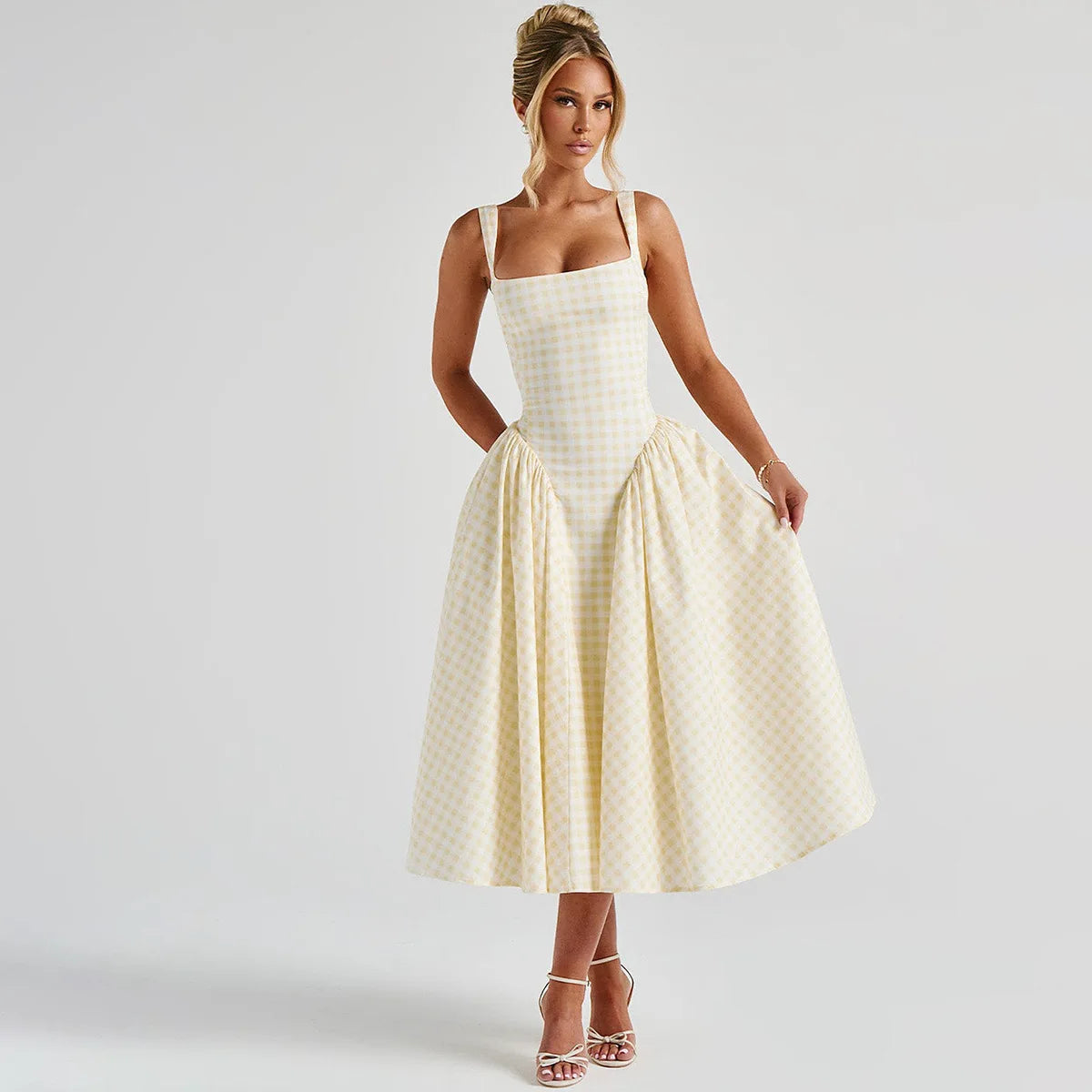 Pastel Check Square Neck A-Line Sundress with Adjustable Straps