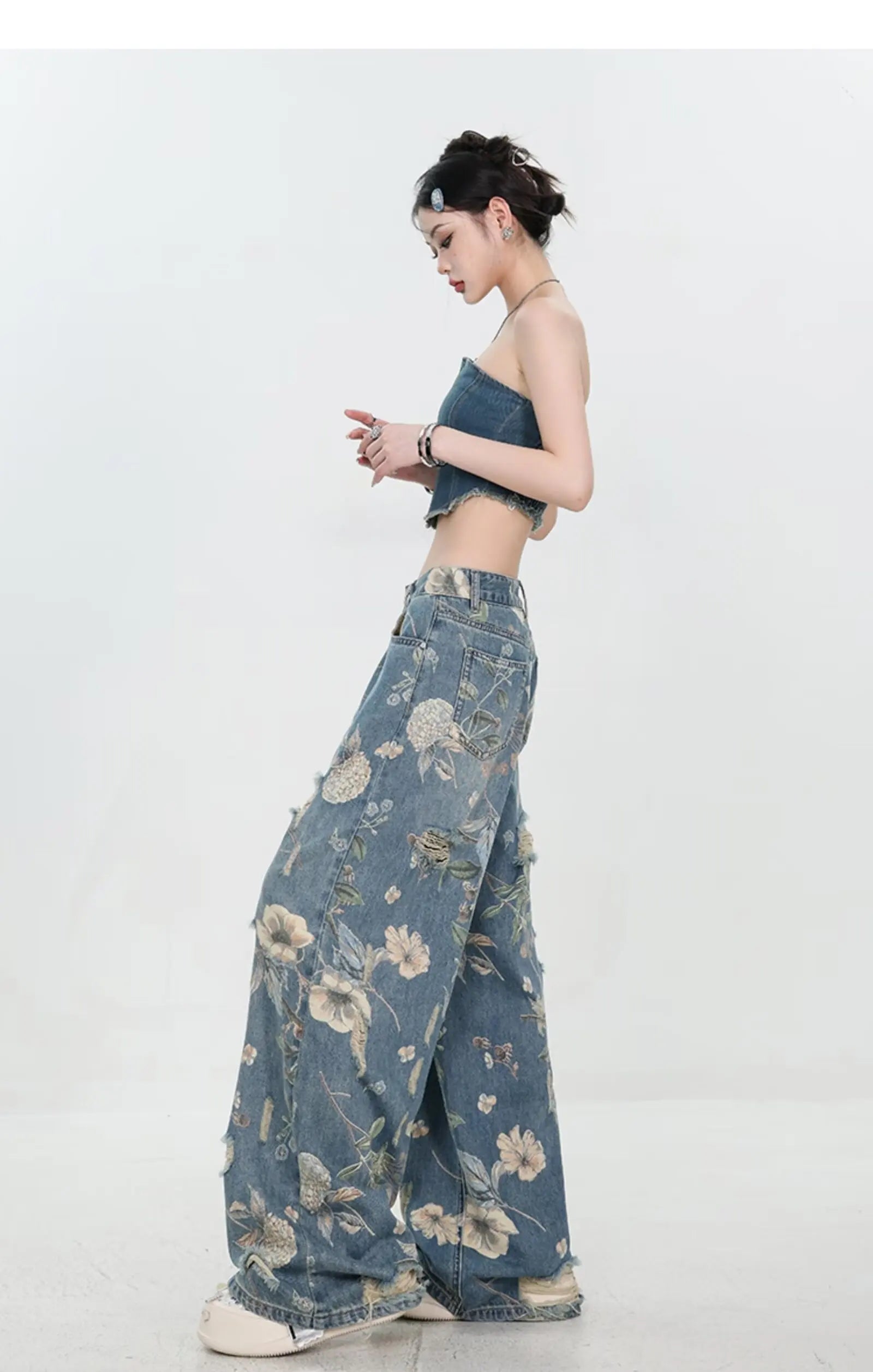 Floral Distressed Wide-Leg Denim Jeans