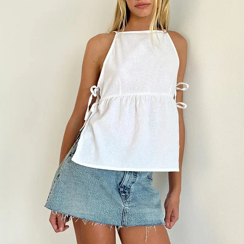 Lightweight Bow-Tie Strap Cotton Blend Tank Top