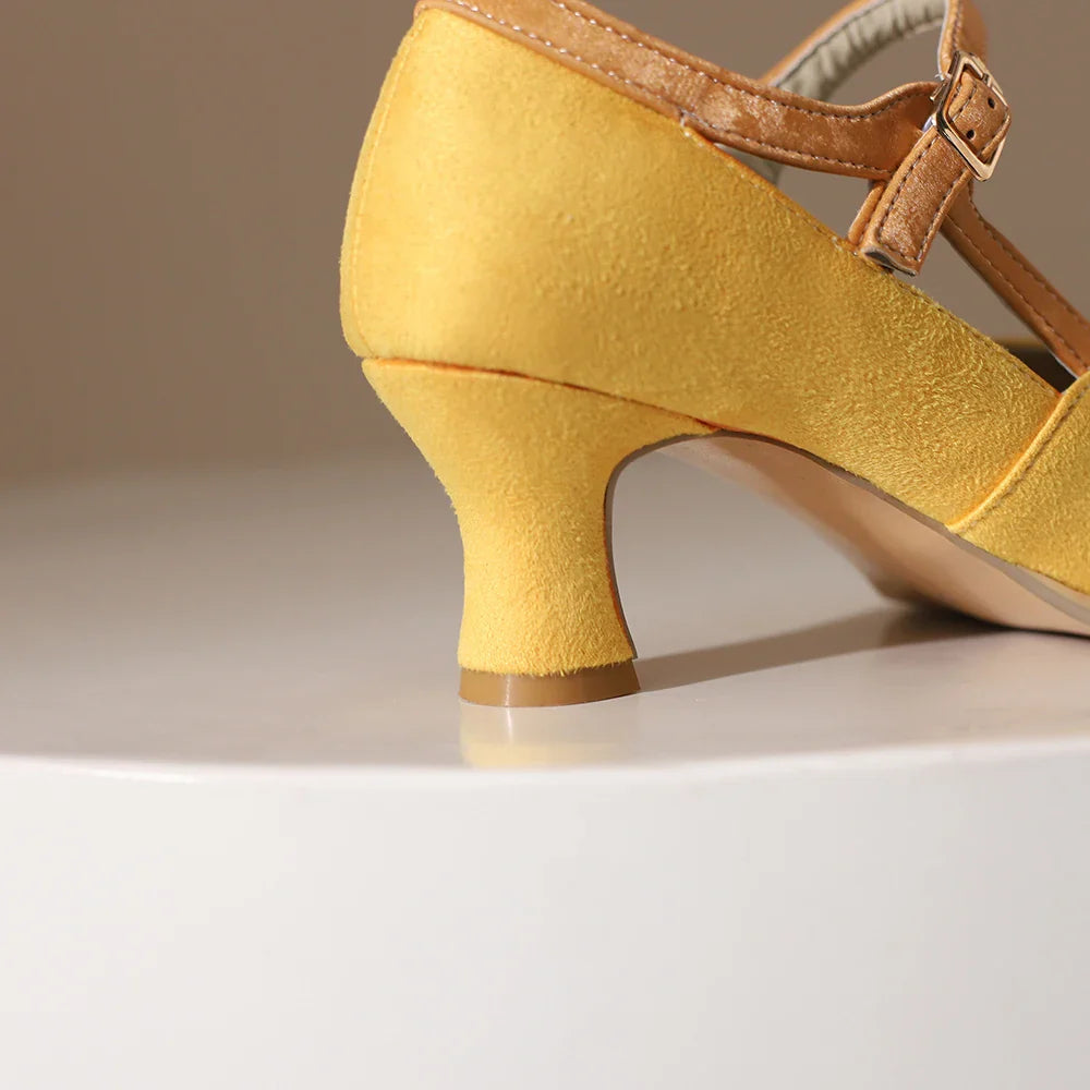 Suede Ankle Strap Closed-Toe Block Heel Pumps