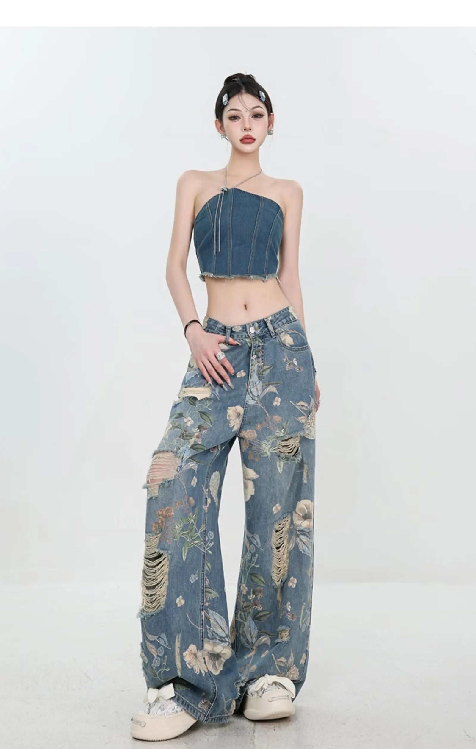 Floral Distressed Wide-Leg Denim Jeans