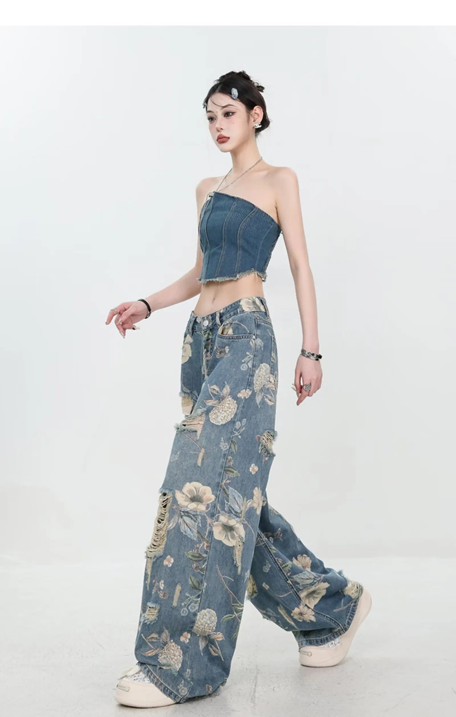 Floral Distressed Wide-Leg Denim Jeans