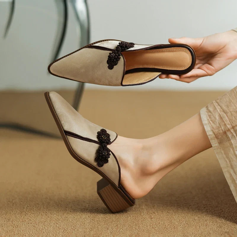 Floral Suede Block Heel Pumps with Pointed Toe