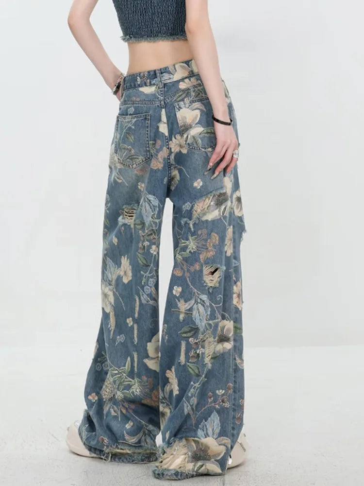 Floral Distressed Wide-Leg Denim Jeans