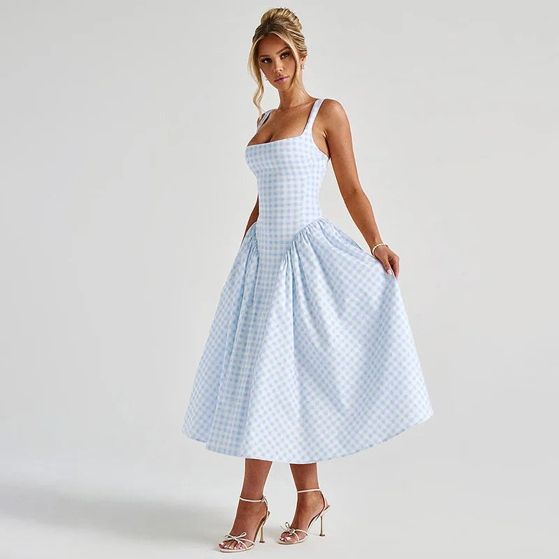 Pastel Check Square Neck A-Line Sundress with Adjustable Straps