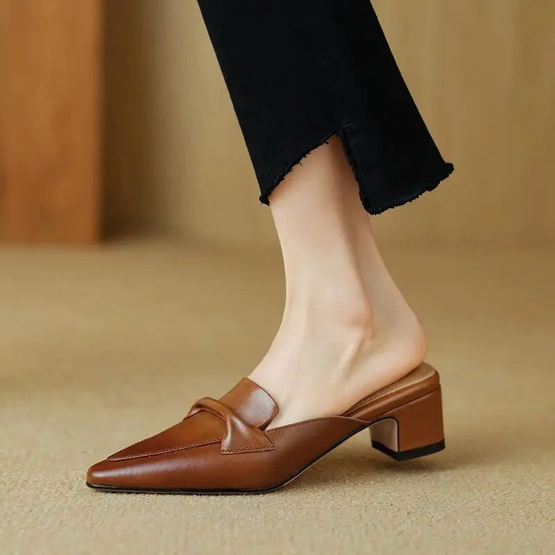 Pointed Toe Genuine Leather Block Heel Mules